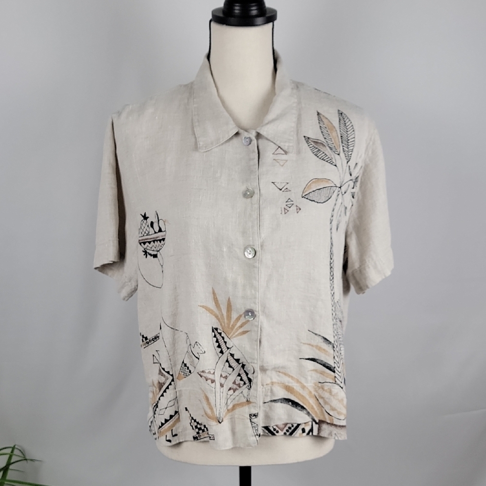Chico's Size 2 (L/12) Beige Linen Tribal / Safari Print Boxy Button Down Shirt